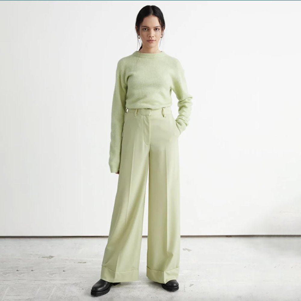 NWT & Other Stories Womens Wide Press Crease Wool Trousers in Pistachio
